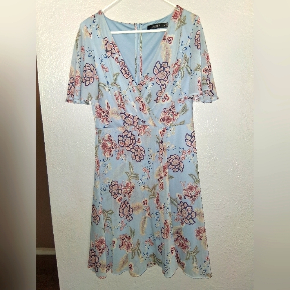 Lauren Ralph lauren black label flutter sleeve georgette blue floral dress 8
